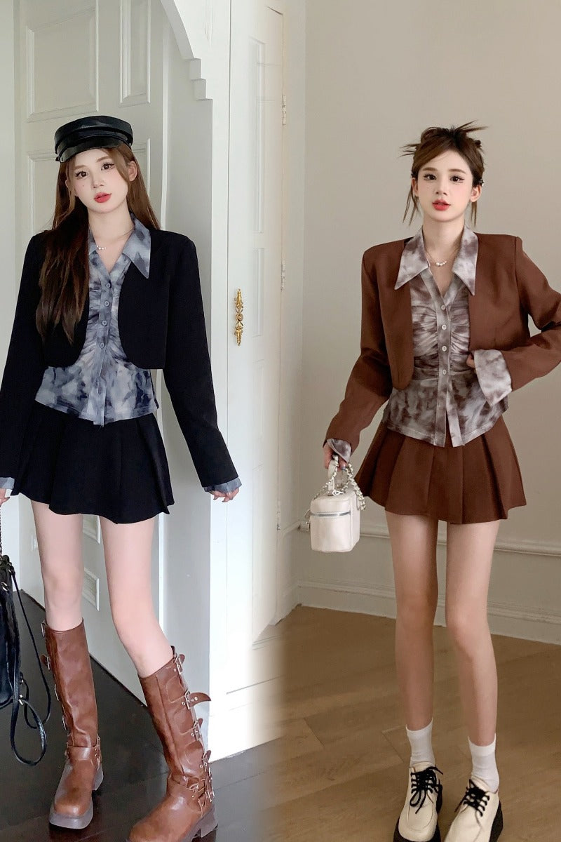 Women's smudge shirt, cropped blazer, women's autumn skirt set LL-592