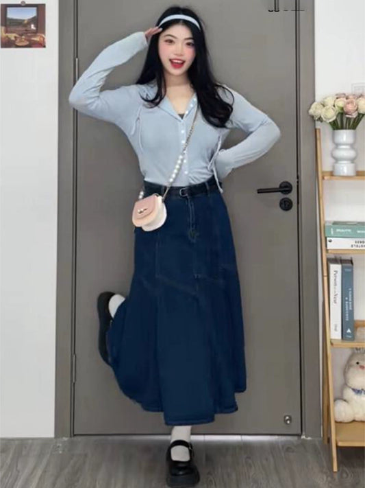 Vintage high waisted denim skirt, loose and slim, versatile mid length A-line skirt LL-594