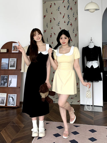 Yellow Doll Neck Dress Summer Academy Gentle High Waist Square Neck Long Dress LL-423