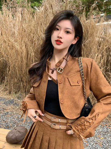 Brown retro leather jacket Women's design short top trend LL-593