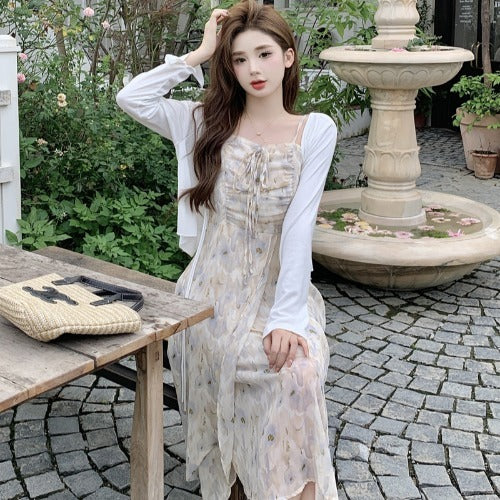 Large floral dress women's summer cardigan Slip dress two-piece suit LL-384