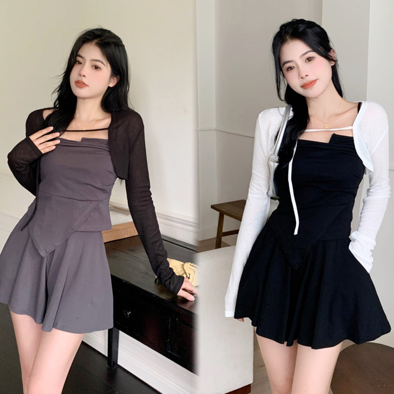 Spice girl irregular camisole women's summer suit cardigan casual skirt three-piece set LL-542