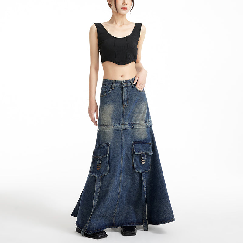 Workwear patchwork denim skirt, autumn and winter A-line fashion, American style LL-616