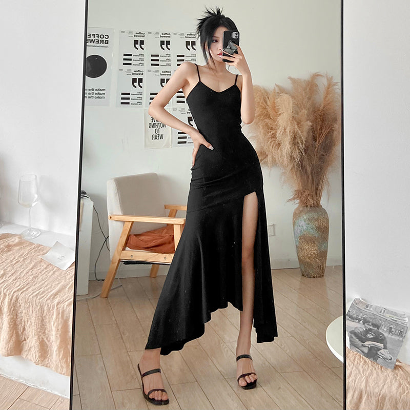 [TOP3]French Spicy Girl Black Strap Dress Design Sense Fishtail Long Dress LL-422