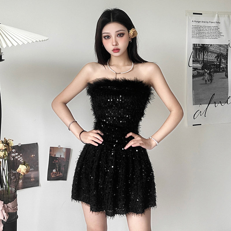 Premium sequin bandeau dress women's pleated waist shows thin babes short skirt autumn LL-686