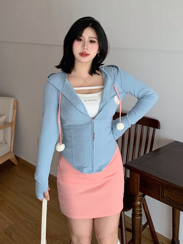 Pink and Blue Sunscreen Shirt Set Pure Desire Hooded Long Sleeve Cardigan Coat Half Skirt LL-519