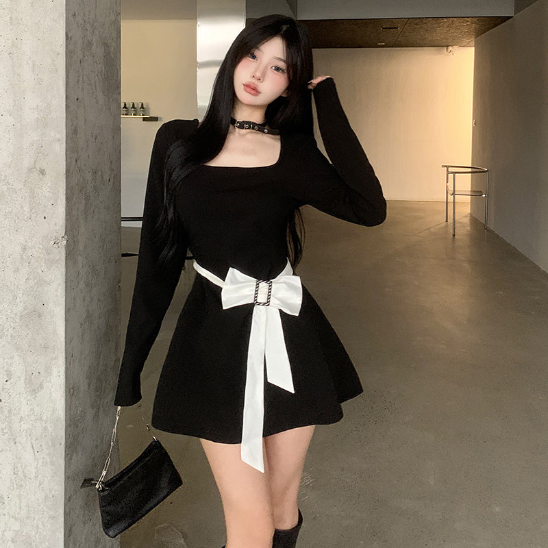 Temperament Bow Square Neck Dress Women's Design Slim Fit A-line Short Skirt LL-693