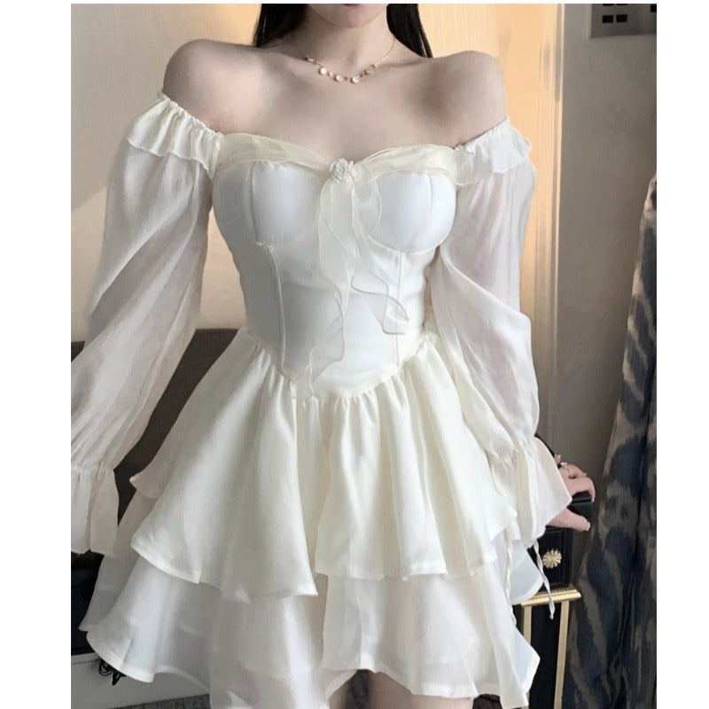 White fashion gentle high waist lantern sleeve dress LL-181