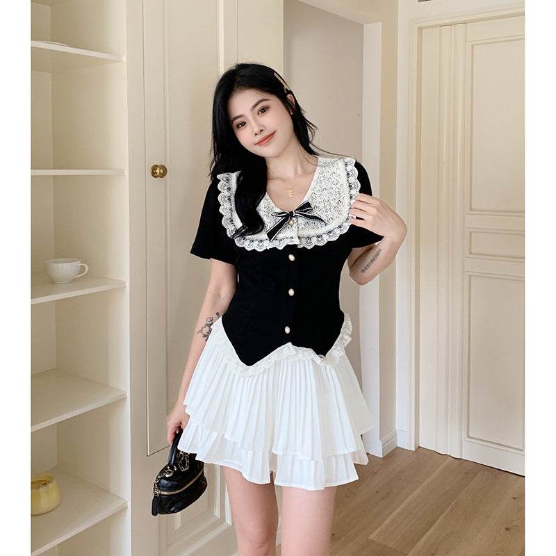 French doll collar lace short sleeve shirt women short western-style blouse LL-507