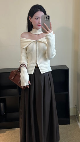 Zip knit shirt with scarf and chic premium top LL-627