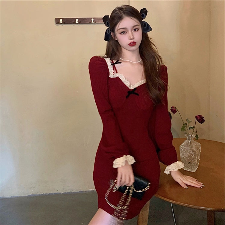 French Christmas Dress Red Spicy Girl Wears Knitted Dress Women's Large Dress Winter LL-687