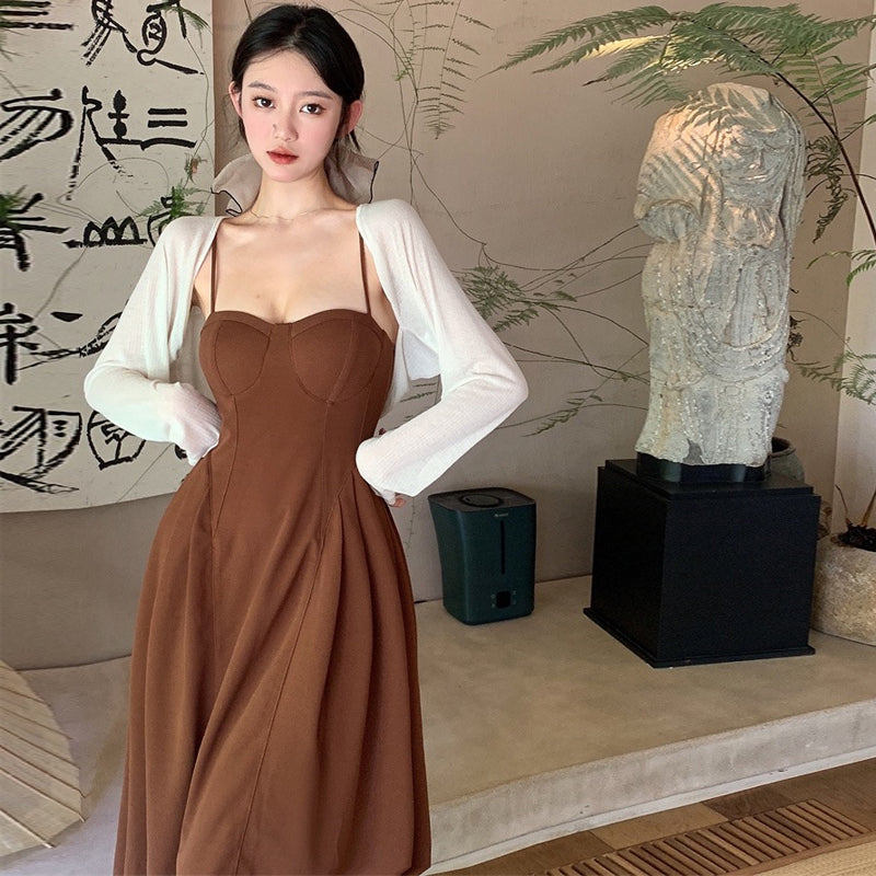 Dress women's summer luxury French pure desire slip dress cardigan two-piece set LL-218