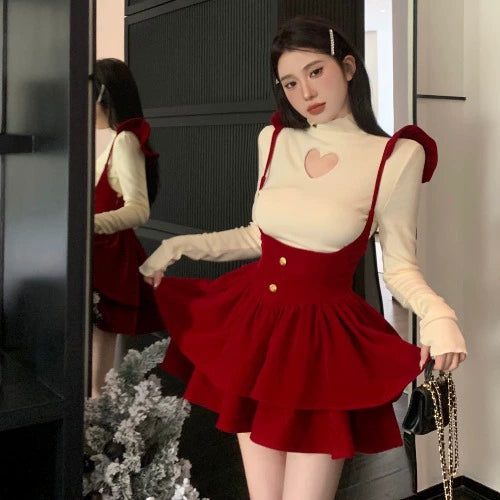 French Dress Strap Skirt Set Women's Spring Sweet Spicy Girl Red Princess Pengpeng Dress High Sense Small Man LL-683