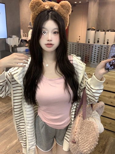 Striped hooded cardigan with drawstring top, women's summer suit, casual shorts, three piece set LL-454