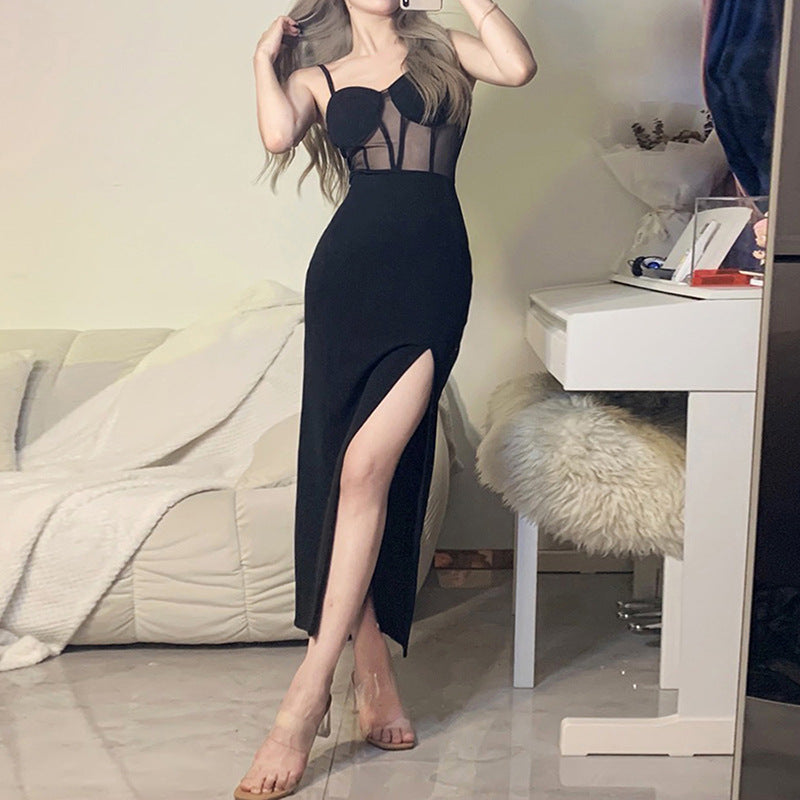 2022 summer new solid color sexy sling mesh long slit dress LL-257