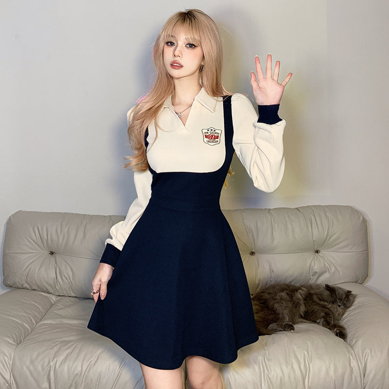 American college dress women's patchwork design Long sleeved A-shaped short skirt LL-611