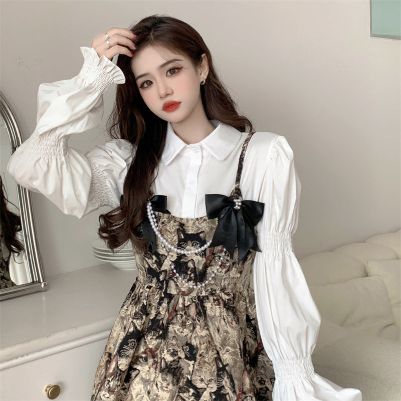 Autumn French Vintage Bow Strap Dress Set for Women LL-626