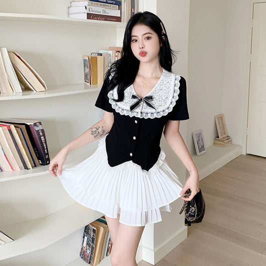 French doll collar lace short sleeve shirt women short western-style blouse LL-507