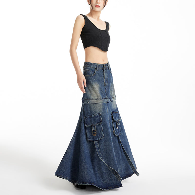 Workwear patchwork denim skirt, autumn and winter A-line fashion, American style LL-616