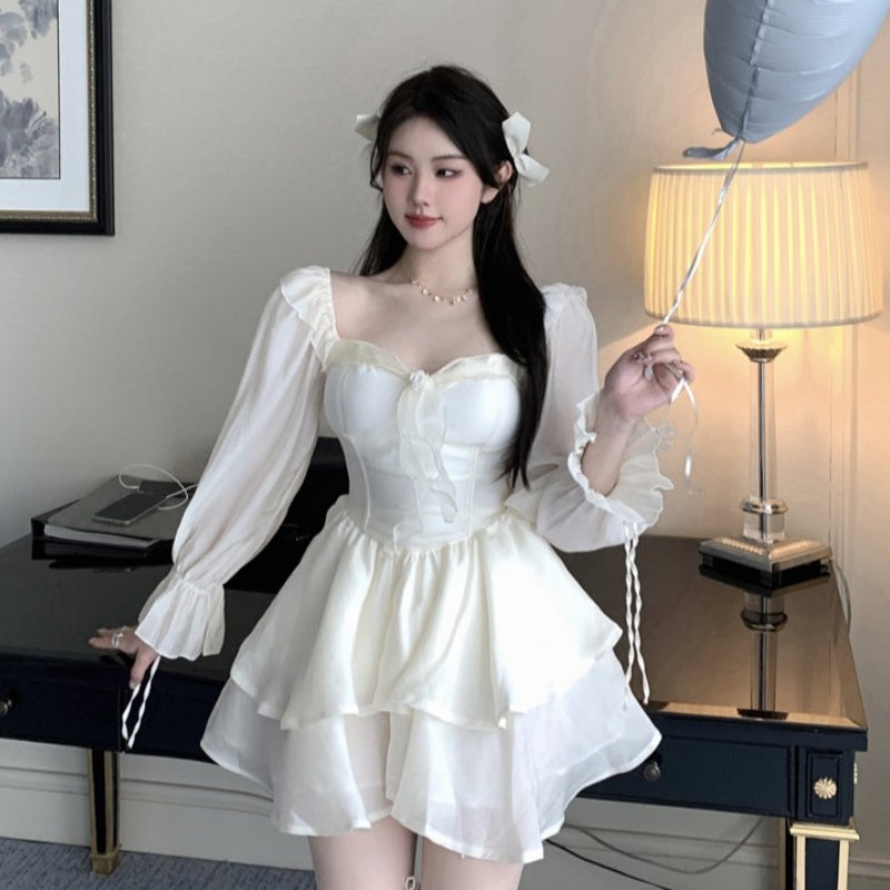 White fashion gentle high waist lantern sleeve dress LL-181