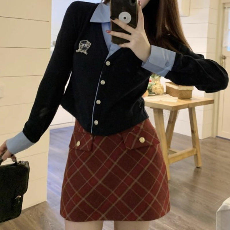 College style set fake two polo neck long sleeved shirt plaid skirt LL-429