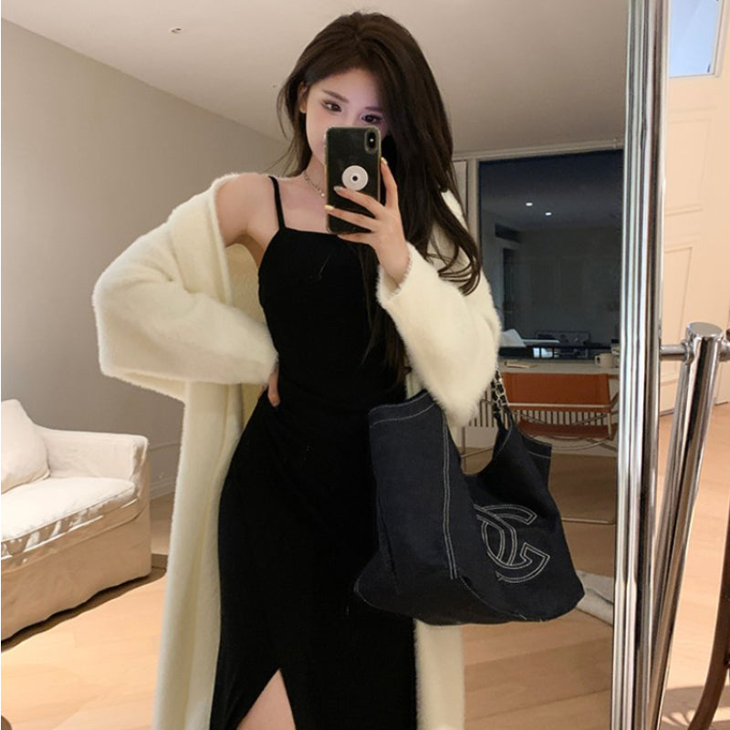 Slouchy soft glutinous knit cardigan + pure desire split slip dress women's autumn and winter two-piece set LL-561