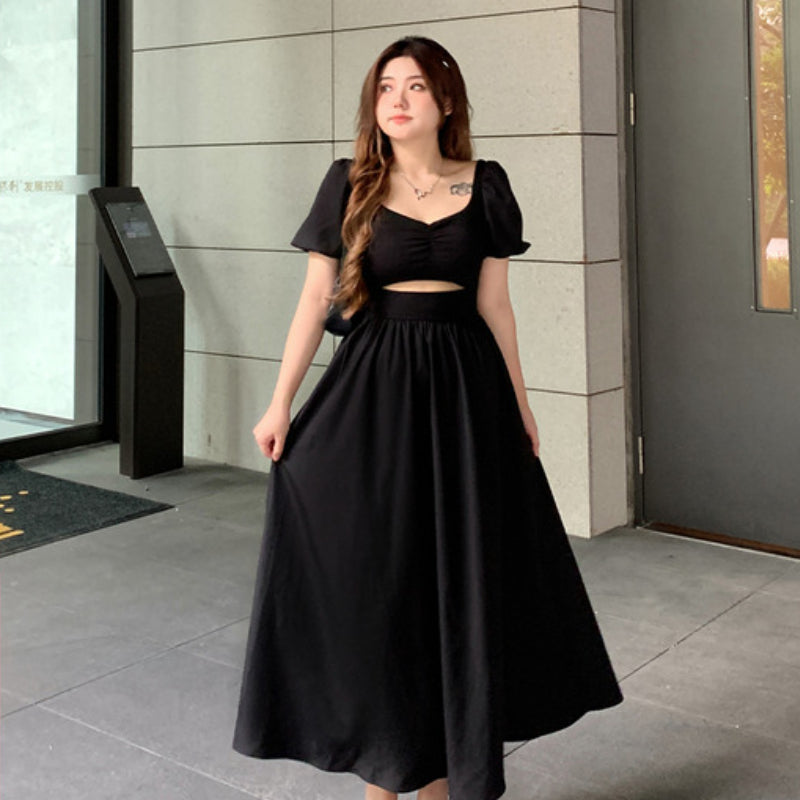 Vintage dress women's 2023 new slightly fat large size black long dress LL-523