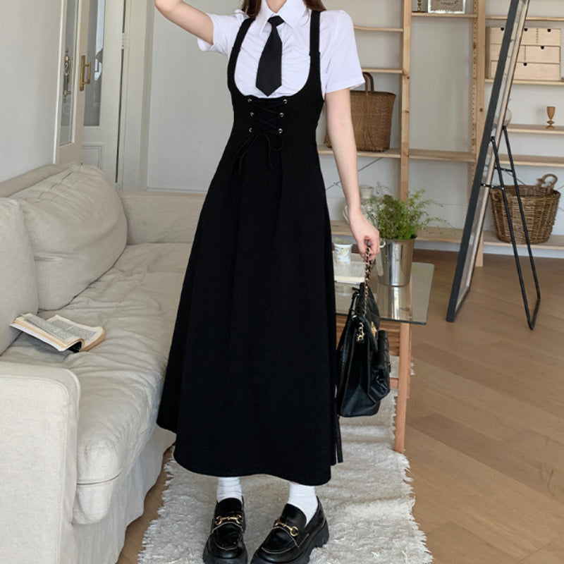 College suit summer new polo collar white shirt black dress LL-BYY-145