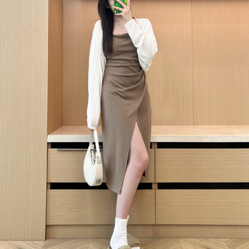 Solid color suspender dress high waist slit+summer cardigan dolman sleeve LL-718