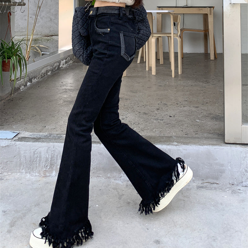 Retro Fur Edge Micro Flared Jeans Women's Spring/Summer Design Wide Leg Flare Pants LL-573