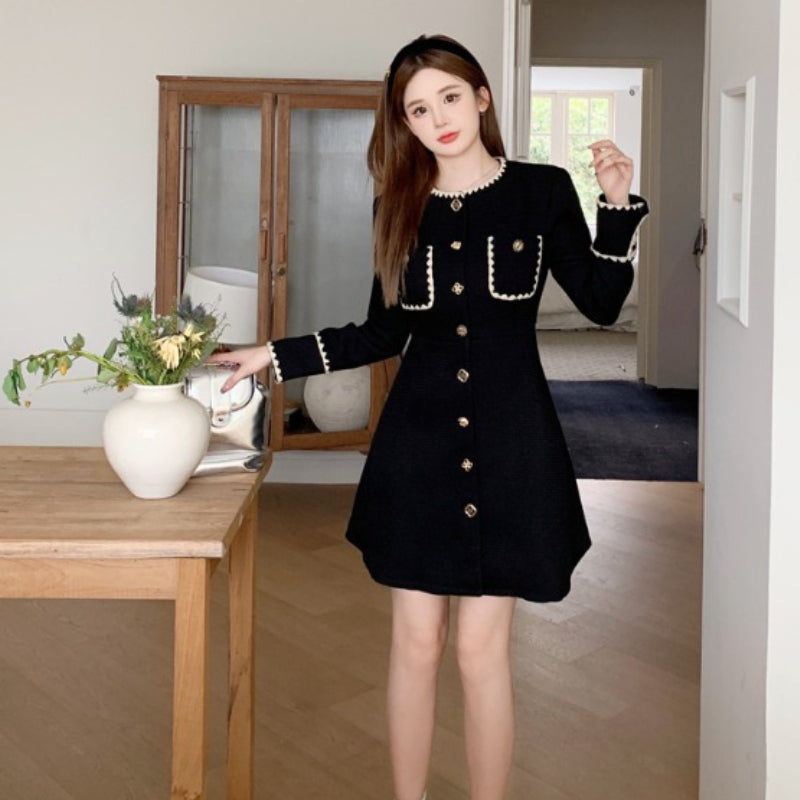 Women's French Dress 2023 Autumn Slim Waist A Line Small Black Skirt with a High Level Sense LL-612