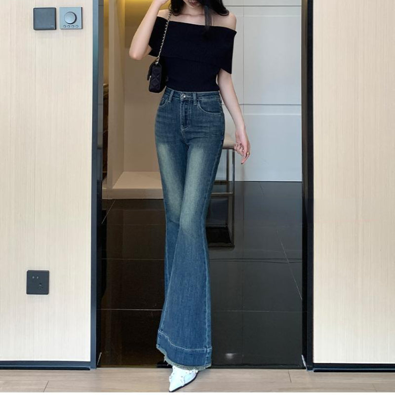 The design temperament shows thin flared floor jeans women's casual trousers slightly stretchy LL-625