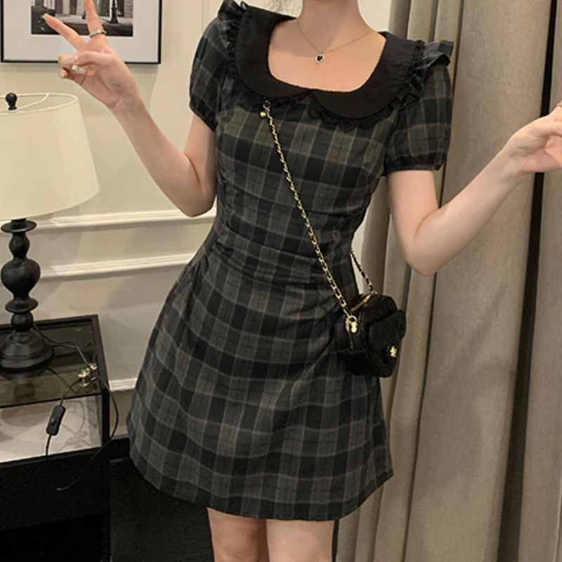 College retro square neck plaid dress for women's 2023 new summer A-line skirt LL-505