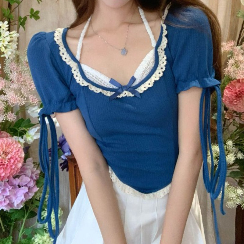 Design splicing lace neck hanging short sleeved T-shirt for women's summer vacation two pieces LL-547