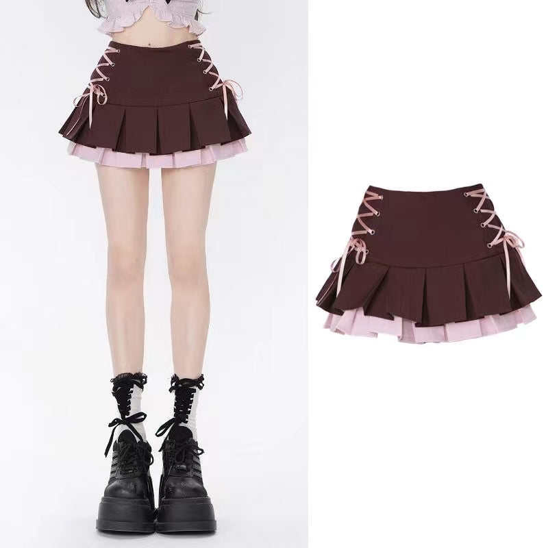 Bow tie fake two layers skirt cute girly pleated skirt LL-707