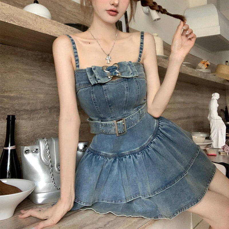 Hot girl jean dress female summer new American retro fluffy skirt LL-199