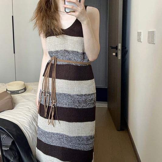 Pure Lust Stripe Sleeveless Knitted Dress Women's Autumn New Style LL-463