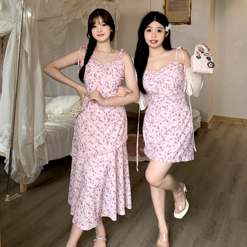 Floral suspender dress summer pure temperament slim pink dress LL-420