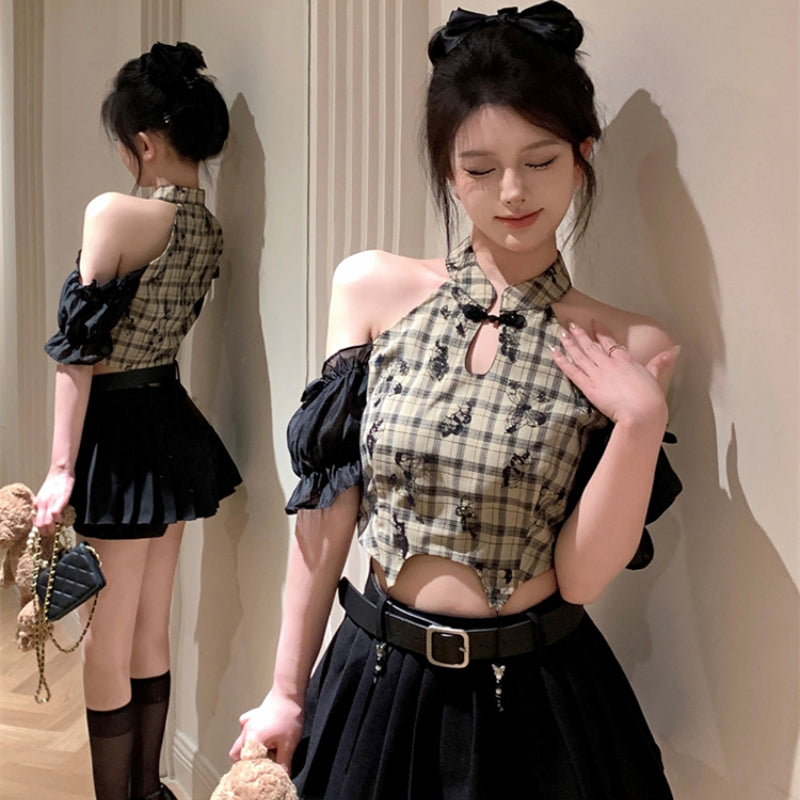 New Chinese Vintage Checkered Short Sleeve Shirt Women's Summer Short Top LL-506