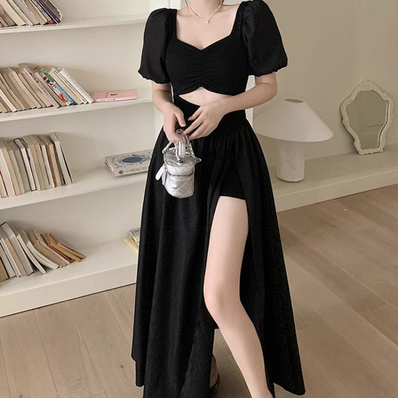 Temperament Sexy French Black Dress Women's Summer 2023 Dress Bubble Sleeves LL-522