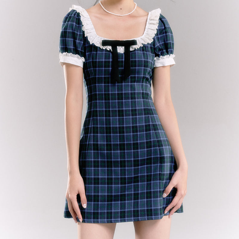 Bow knot patchwork lace plaid dress women's bubble sleeve plaid skirt LL-477