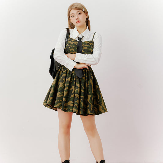 Sweet cool school girl slip dress girl 2023 new slightly fat camouflage dress LL-648