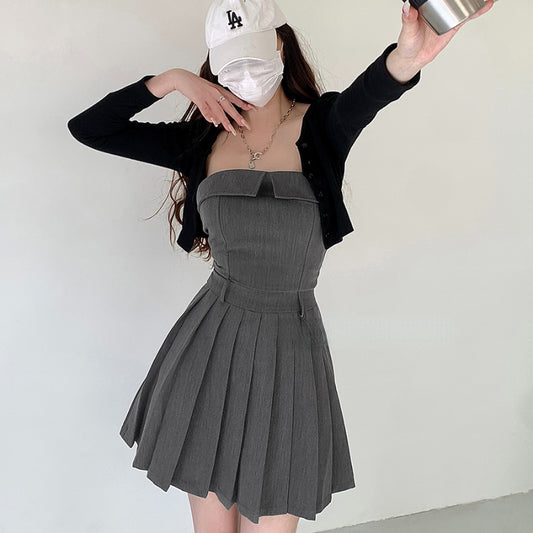 Sweet and Spicy Girl Grey Bra Dress Women's Summer Slim Fit Show Thin Pleated Skirt LL-639