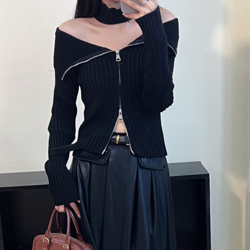 Zip knit shirt with scarf and chic premium top LL-627