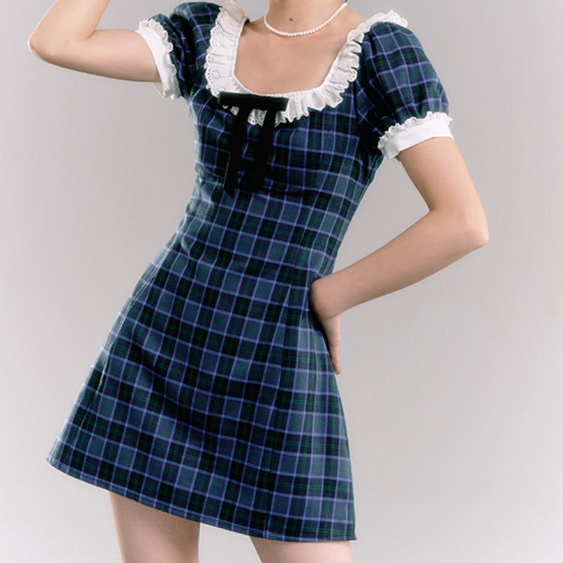 Bow knot patchwork lace plaid dress women's bubble sleeve plaid skirt LL-477