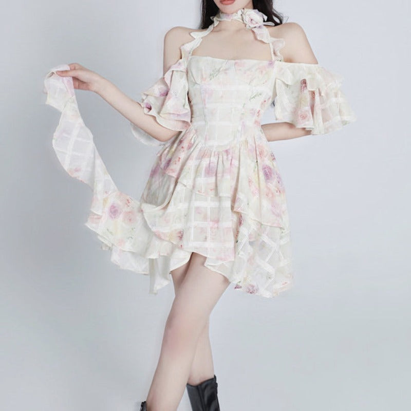 Ballet Style French Rose Fragmented Flower Hanging Neck Flower Dress  LL-186