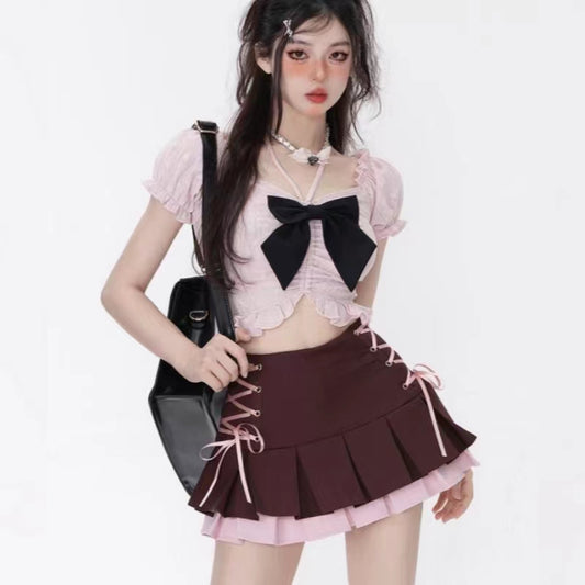 Bow tie fake two layers skirt cute girly pleated skirt LL-707