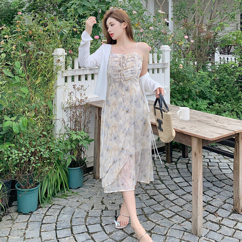 Large floral dress women's summer cardigan Slip dress two-piece suit LL-384