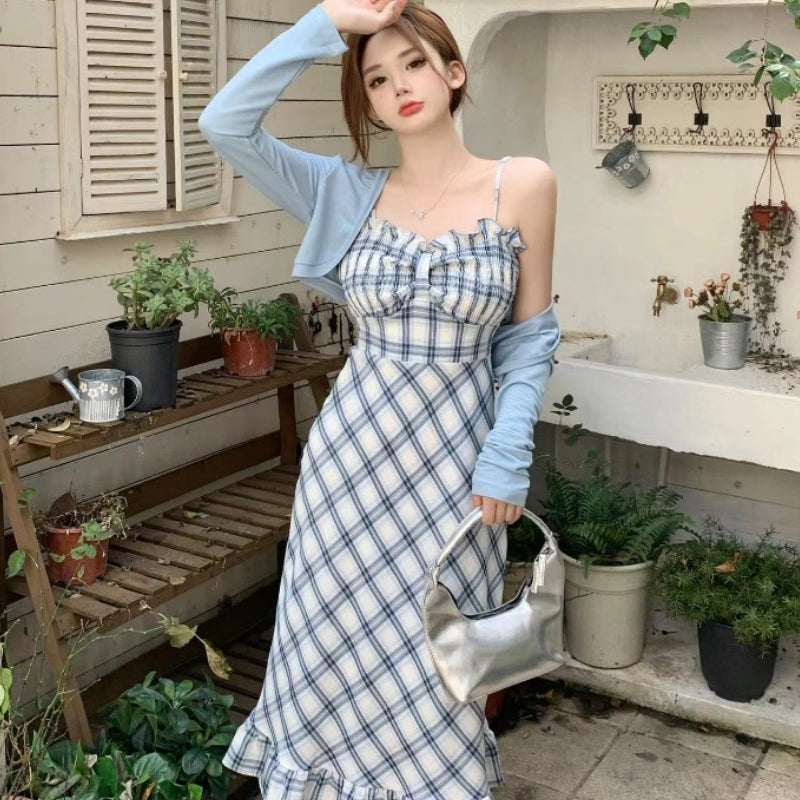 Summer gentle short sleeved suspender dress slimming cardigan sunscreen two-piece set LL-524