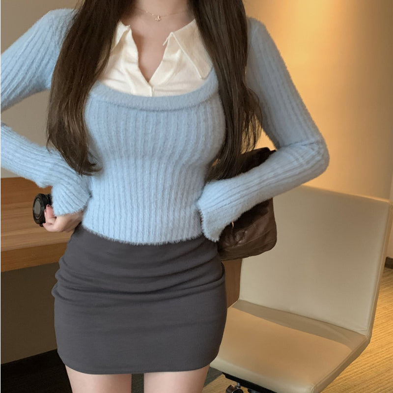 Fake two-piece sweater, female autumn temperament, black top, short and long sleeves LL-459